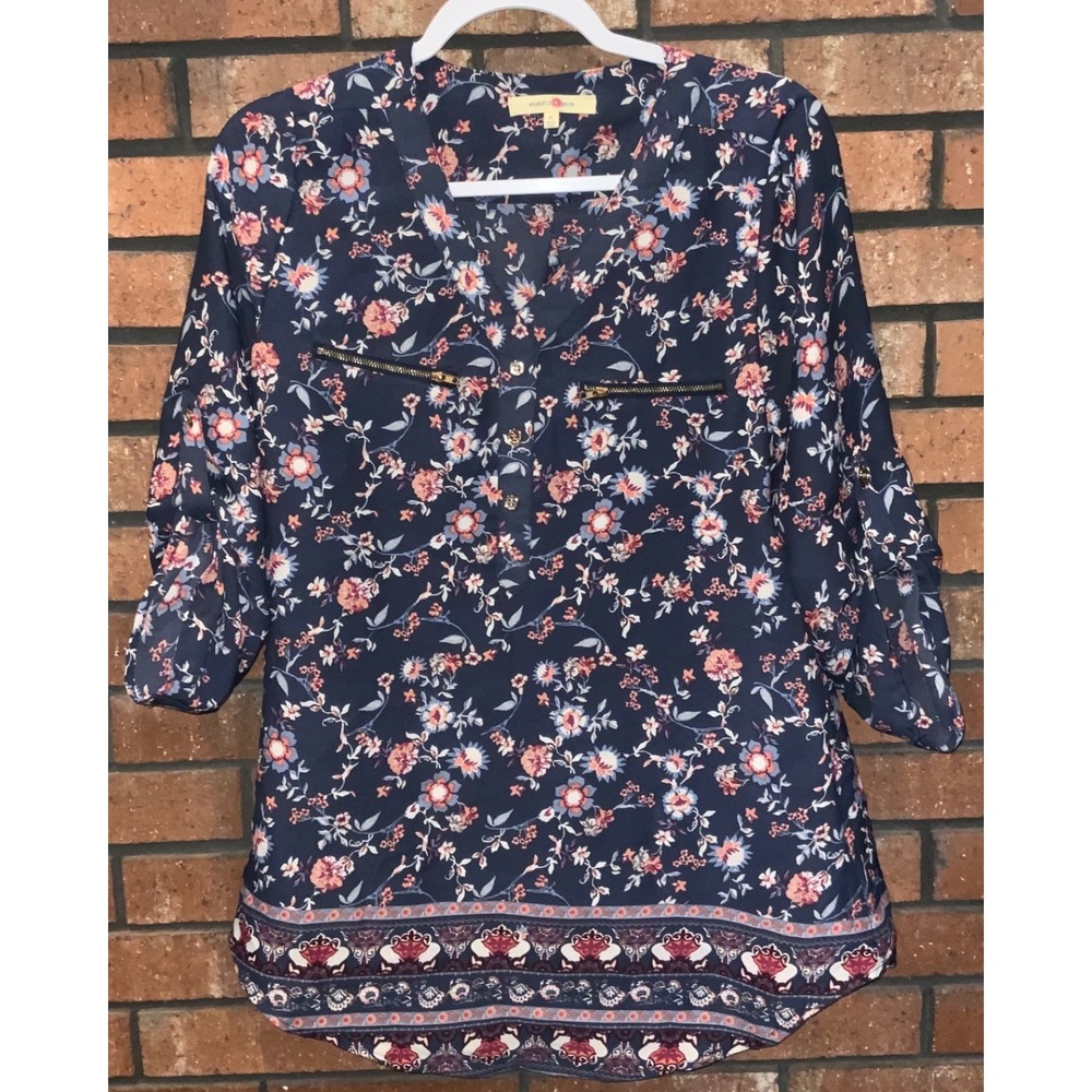 Wishful Park Navy Blue Floral Roll Tab Sleeve Zipper Accent Blouse Size Medium